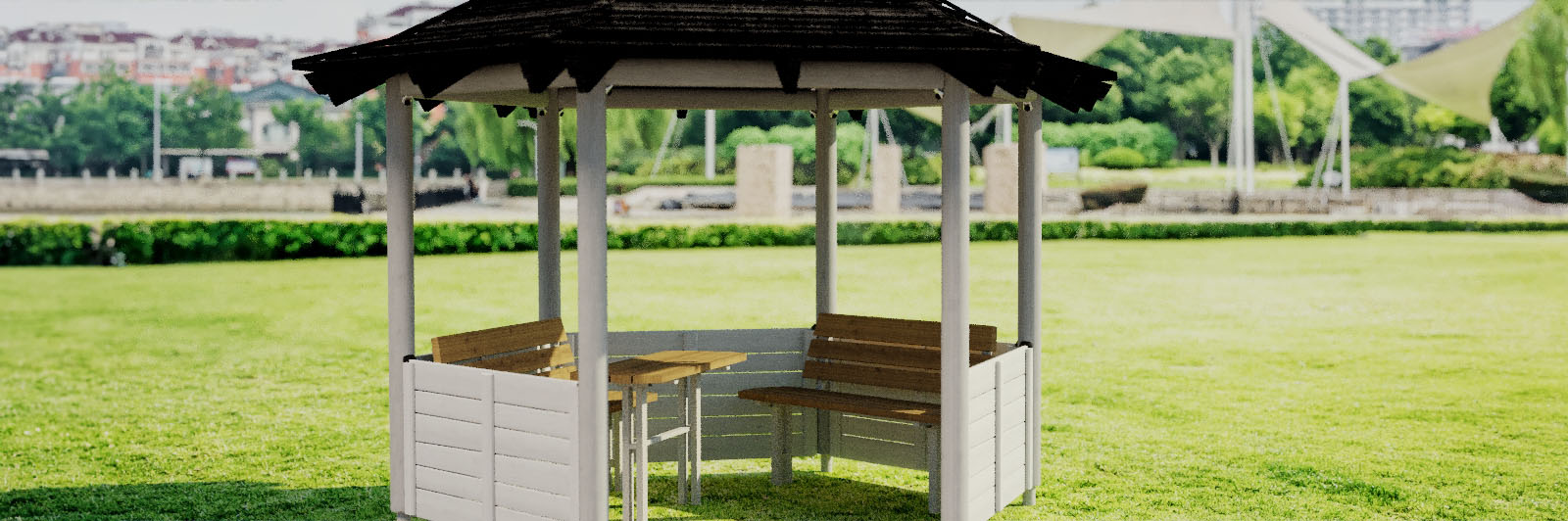 Rendered image of a white public outdoor gazebo in a park.